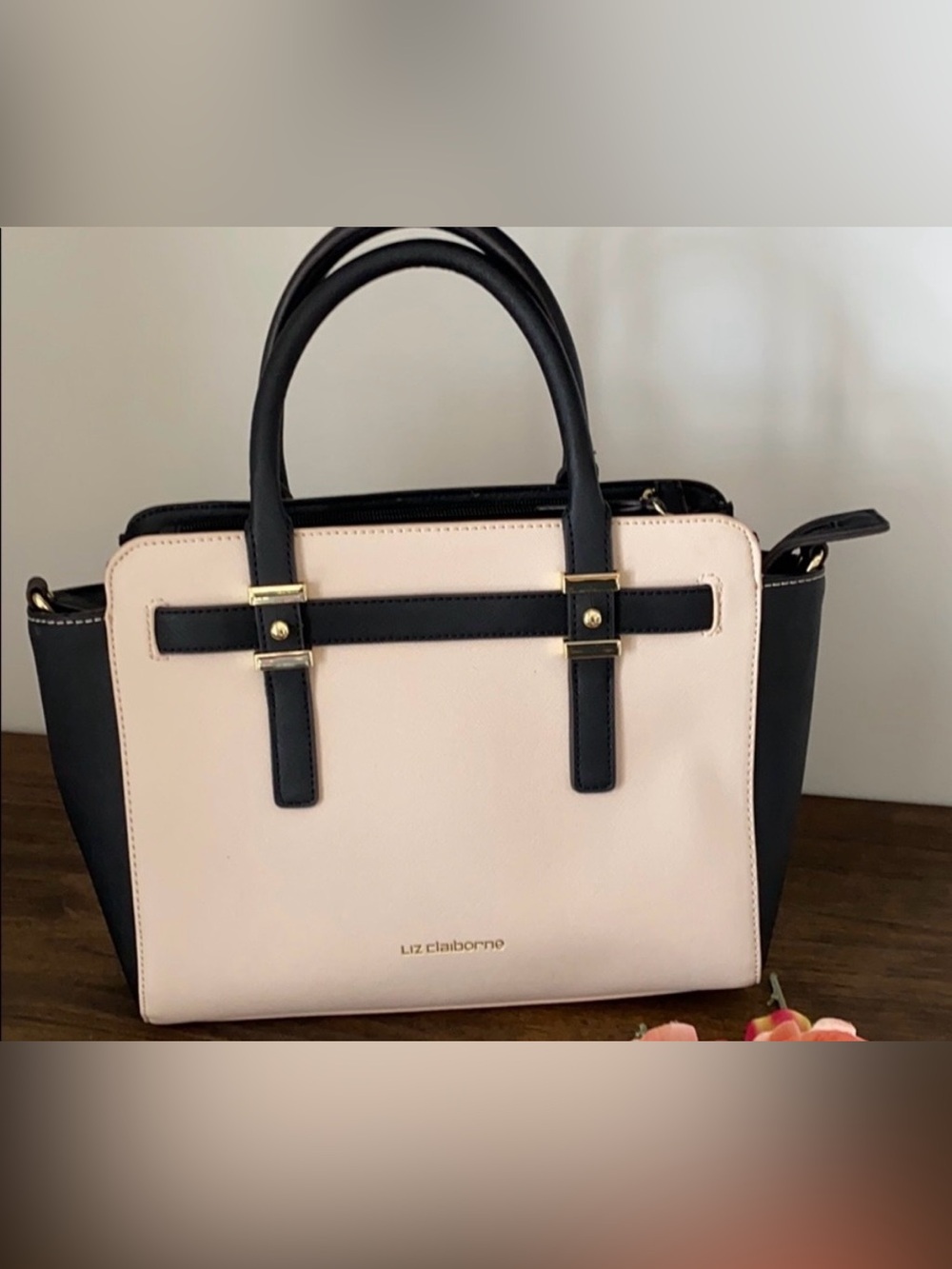 Liz Claiborne Blush and Black Structured Satchel with Strap